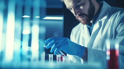 Featuring a lab technician engaged in the examination of blood samples, includes copyspace for text, perfect for illustrating clinical research and diagnostics. - obrazy, fototapety, plakaty