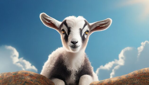 Cute sitting baby goat sheep background banner panorama spring easter. eid mubarak