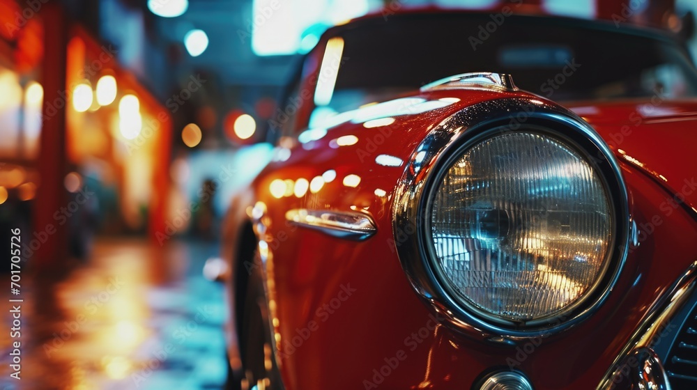 Poster close up view of the front of a red car. can be used in automotive industry advertisements or articl