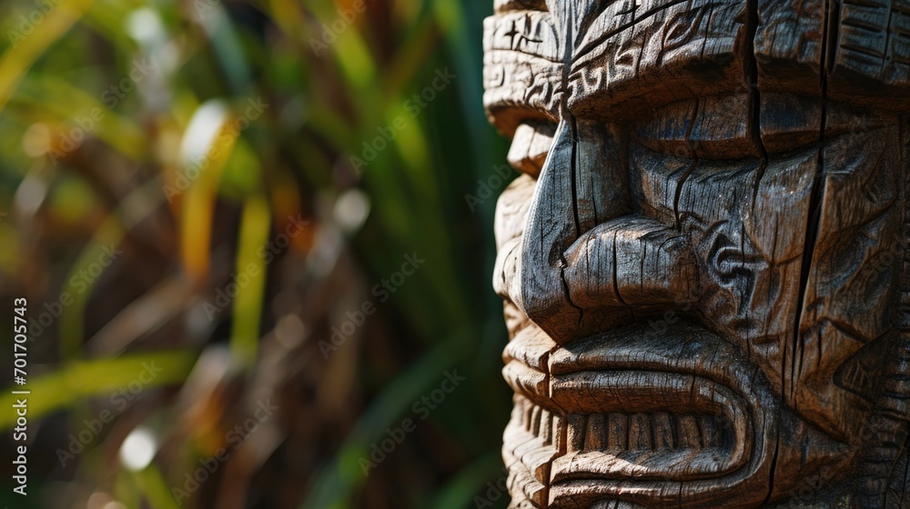 Poster a detailed shot of a wooden statue with a lush plant in the background. perfect for adding a natural