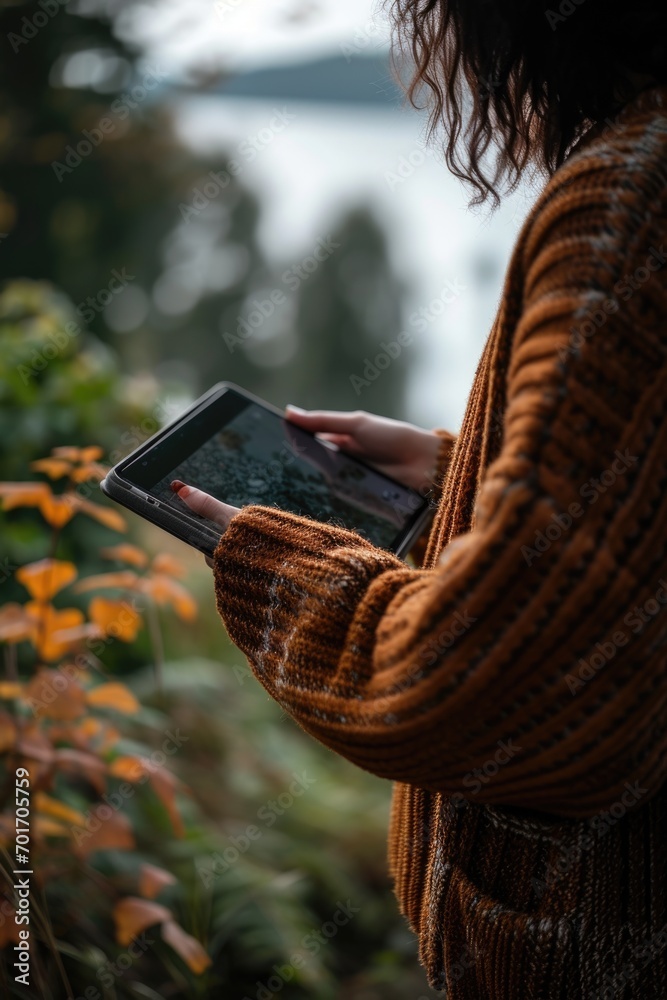 Poster a woman holding a tablet computer. can be used for technology and communication concepts