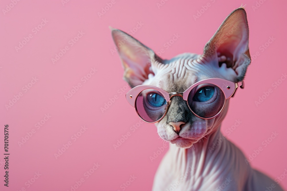 Poster a cute sphy cat wearing pink sunglasses on a pink background. perfect for adding a touch of fun and 