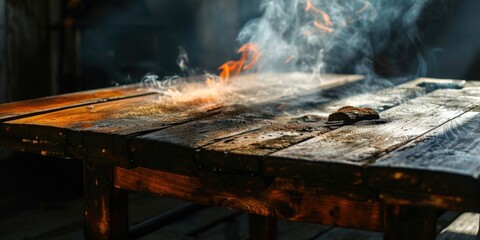 A wooden table with a grill covered in smoke. Perfect for BBQ and outdoor cooking themes