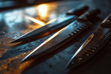A couple of knives sitting on top of a table. Suitable for kitchen or cooking-related themes