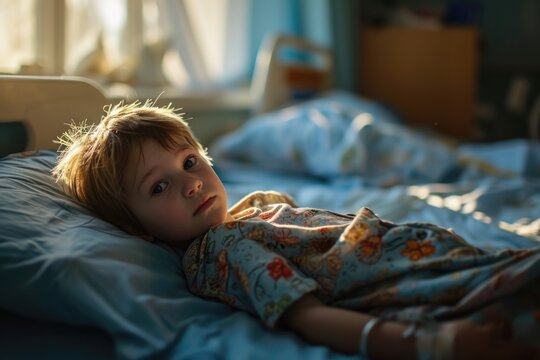 A young girl lying in a hospital bed. Suitable for medical and healthcare concepts