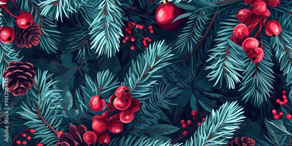 Aufkleber a collection of pine branches adorned with vibrant red berries and pine cones. perfect for adding a 