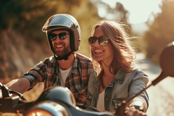 A man and a woman riding a motorcycle. Suitable for travel and adventure themes - obrazy, fototapety, plakaty