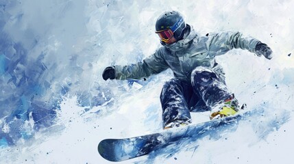 Fototapeta na wymiar A man is seen riding a snowboard down a snow-covered slope. This image can be used to depict winter sports and outdoor activities