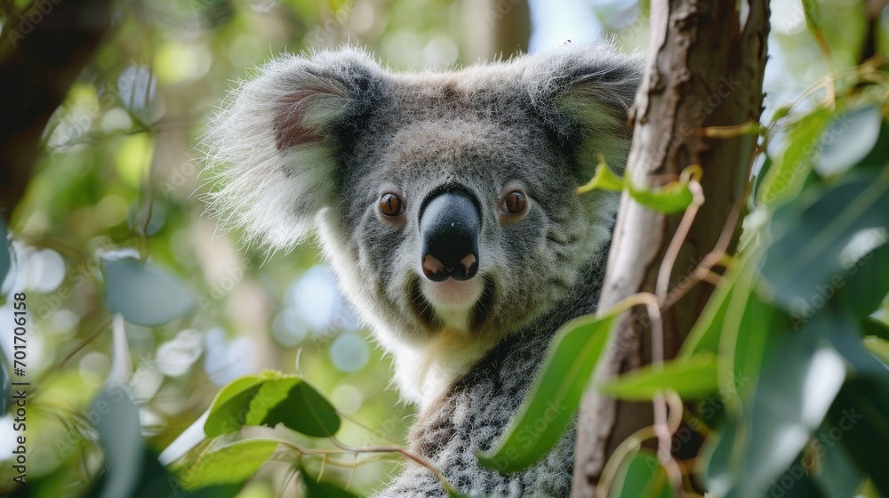 Aufkleber Close-up view of a koala perched in a tree. Perfect for nature enthusiasts or animal lovers.