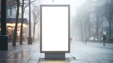 Misty city street with an illuminated blank billboard at twilight. Urban advertising concept. Generative AI