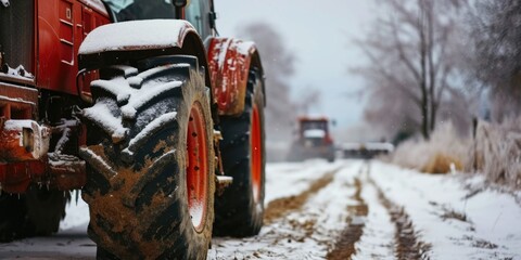 A tractor parked on a snow-covered road. Ideal for winter landscapes or transportation themes