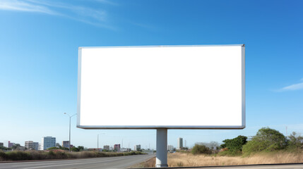Freestanding billboard on a roadside with a cityscape and clear sky. Communication and urban design concept. Generative AI