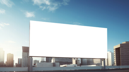 Fototapeta premium Wide billboard against a city backdrop with blue skies. Outdoor advertising and city life concept. Generative AI