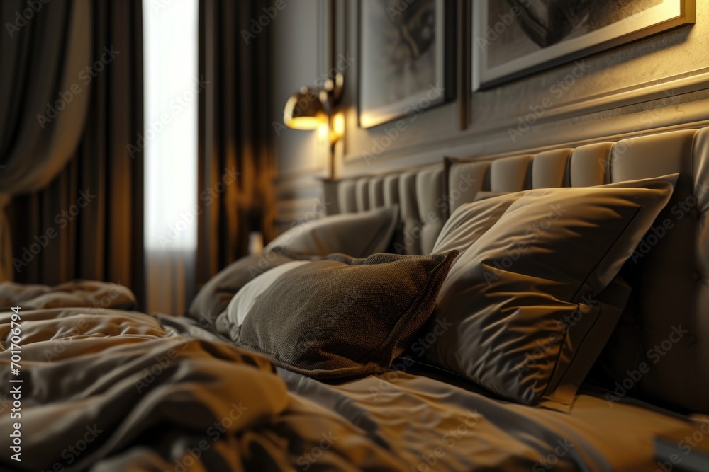 Poster a bed covered with numerous pillows, creating a cozy and inviting atmosphere. perfect for enhancing 