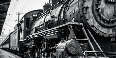 A classic black and white photo of a train. Perfect for vintage or transportation-themed designs - Powered by Adobe