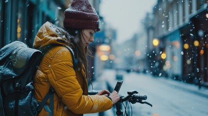 A woman with a backpack is seen looking at her cell phone. This image can be used to depict modern technology usage and communication while on the go - obrazy, fototapety, plakaty