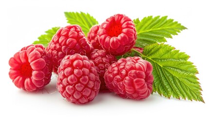 A collection of ripe raspberries with fresh green leaves, placed on a clean white surface. Perfect...