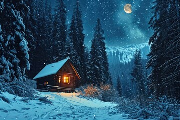 A picturesque cabin surrounded by snow, illuminated by the full moon. Perfect for winter-themed designs and holiday greetings - obrazy, fototapety, plakaty