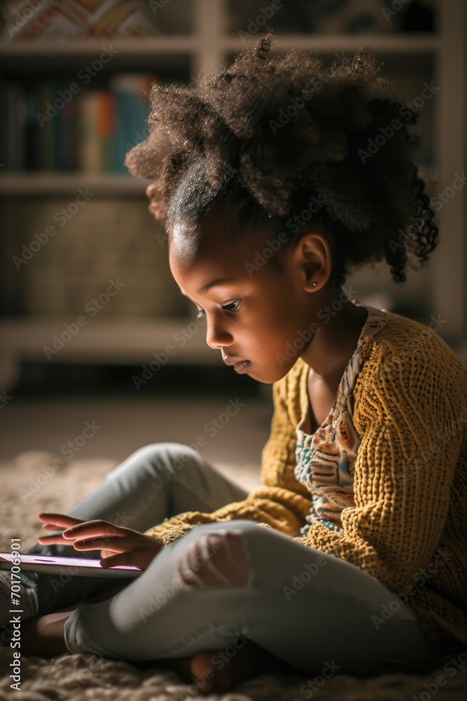 Aufkleber a little girl sitting on the floor, engrossed in using a cell phone. suitable for illustrating techn