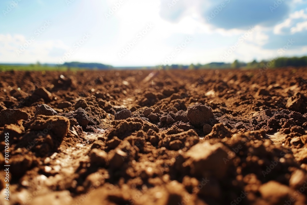 Poster a picture of a field of dirt with a clear blue sky in the background. suitable for various outdoor a