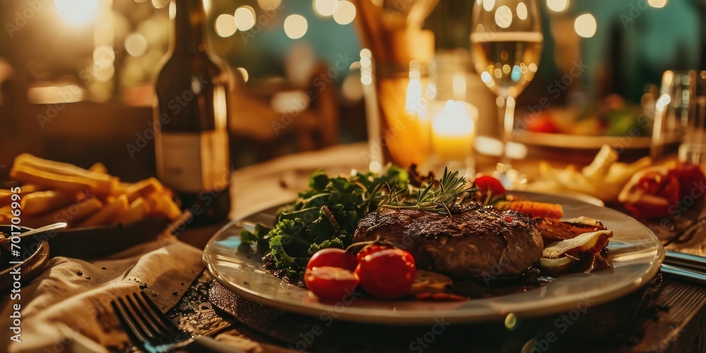 Aufkleber a picture of a plate of food on a table with a glass of wine. perfect for food and beverage related 