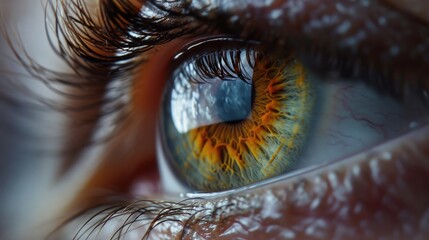 Close-up view of a person's eye with a striking orange iris. This image can be used to represent concepts such as beauty, uniqueness, or even to add a touch of mystery to design projects