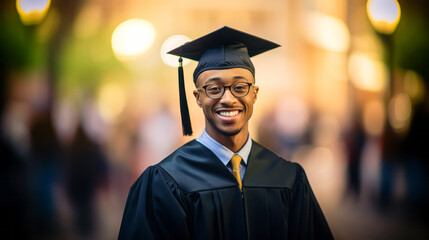 Joyful Black man in graduation gown and cap, university campus background. success concept. Generative AI