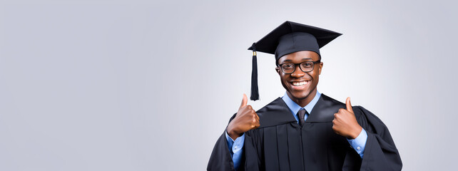 Confident Black graduate giving thumbs up, neutral backdrop. Success and approval concept. Generative AI