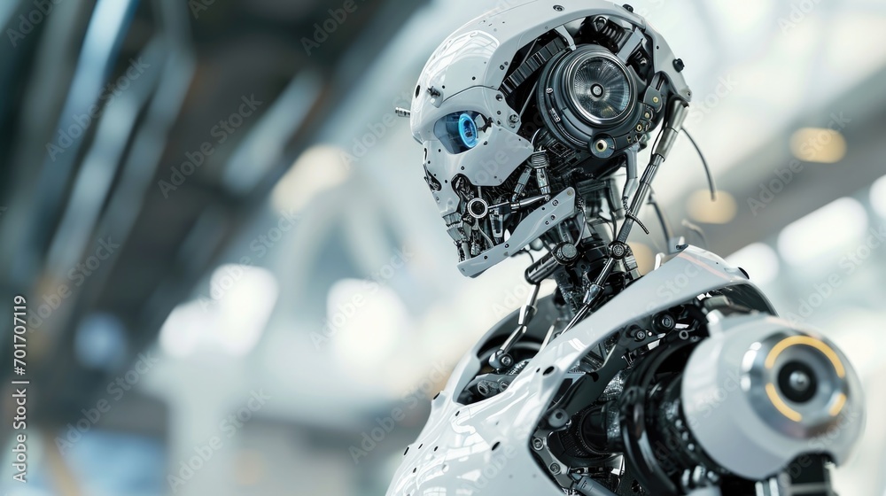 Poster A detailed view of a robot's head and neck. Suitable for technology-related projects