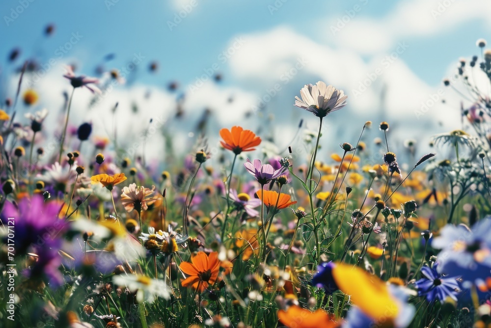 Poster a beautiful field of colorful flowers with a clear blue sky in the background. perfect for nature or