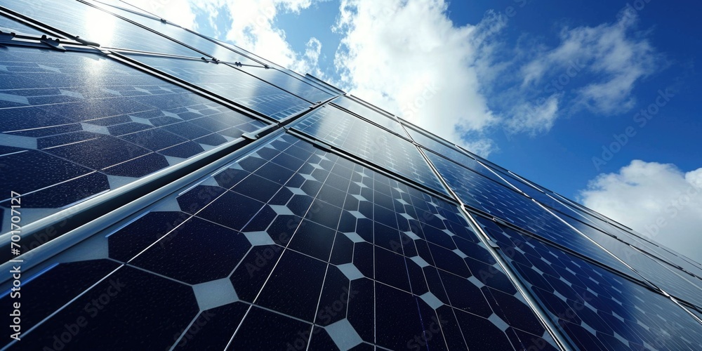 Poster a detailed view of a solar panel with fluffy clouds in the background. perfect for illustrating rene