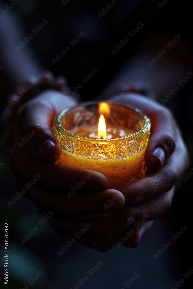 Poster a person holding a lit candle in their hands. perfect for creating a cozy and intimate atmosphere