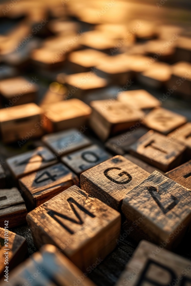 Poster A close up view of a collection of wooden letters. This versatile image can be used in various contexts