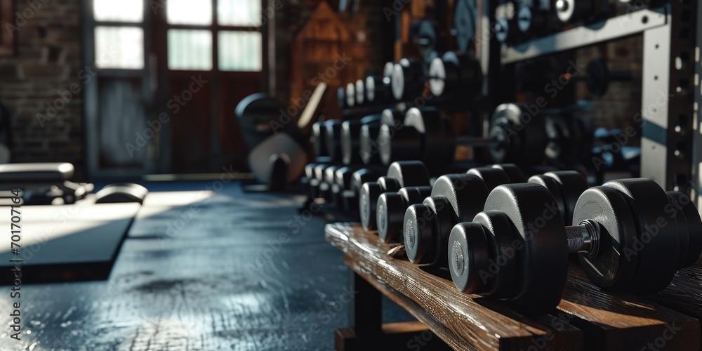 Poster a row of dumbbells lined up in a gym. perfect for fitness and weightlifting concepts