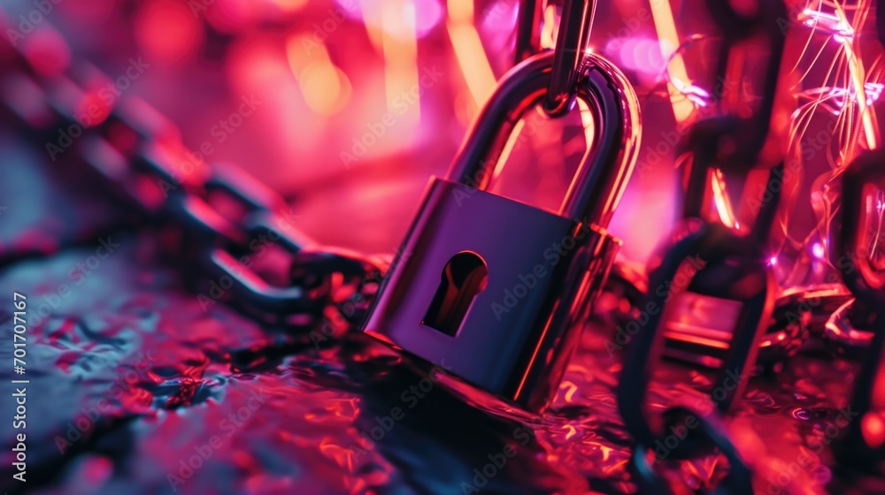 Fototapete a close-up view of a lock on a chain. this image can be used to represent security, protection, or t