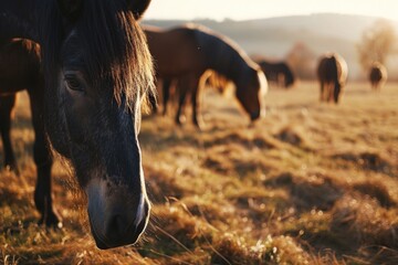 A close-up view of a horse standing in a field. This image can be used to depict nature, animals, or rural landscapes - Powered by Adobe