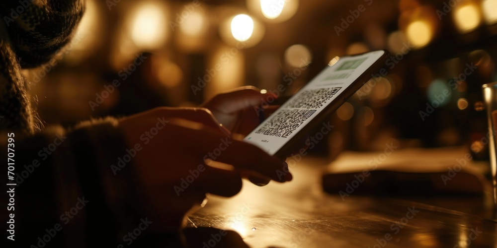 Poster A person is seen using a cell phone at a bar. This image can be used to depict modern technology usage or socializing in a bar setting