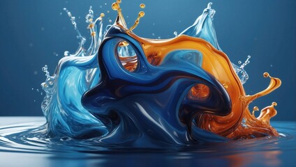 Dynamic abstract splash of liquid in vivid blue and rich orange, swirling together to create a captivating and high-energy composition with sharp, suspended droplets.