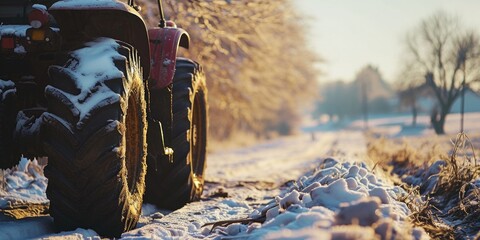 A tractor is parked on a snowy road. Perfect for winter scenes and transportation themes