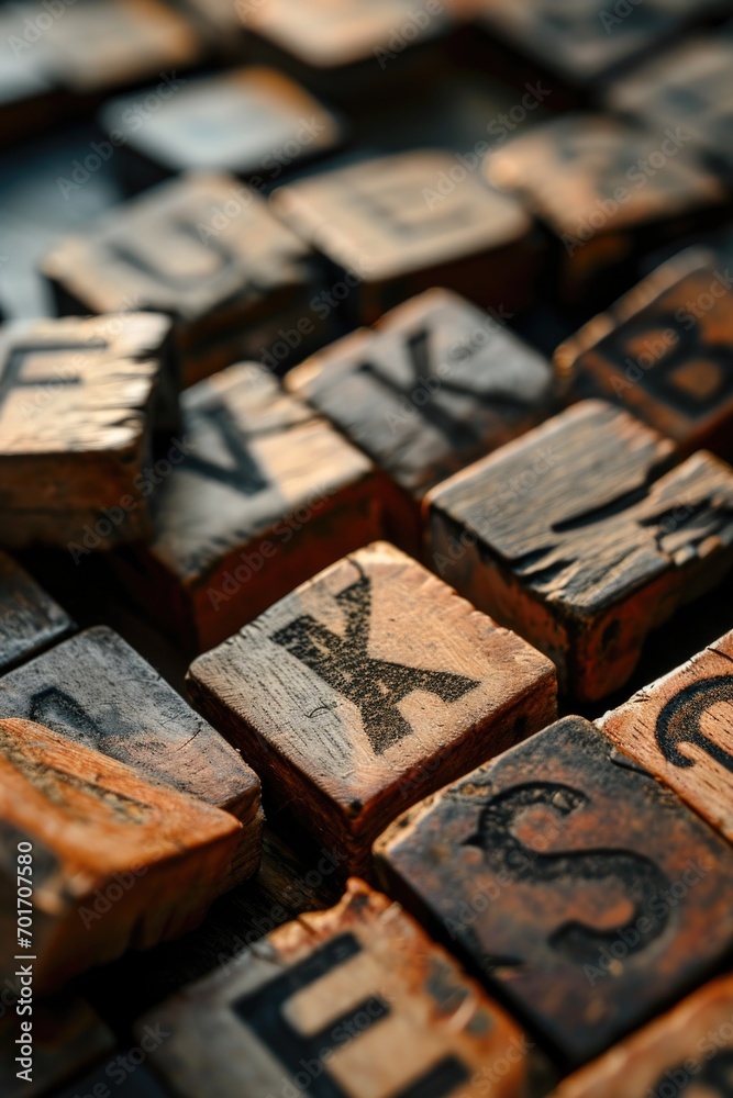 Poster A close up of a number of wooden letters. Perfect for adding a personalized touch to any project