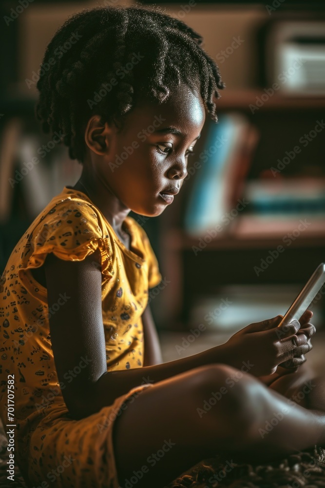 Poster a little girl sitting on the floor using a cell phone. perfect for illustrating technology use by ch