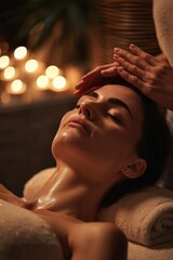 A woman is pictured receiving a relaxing facial massage at a spa. This image can be used to promote self-care and the benefits of spa treatments - obrazy, fototapety, plakaty