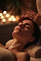Plexiglas keuken achterwand Massagesalon A woman is pictured receiving a relaxing facial massage at a spa. This image can be used to promote self-care and the benefits of spa treatments