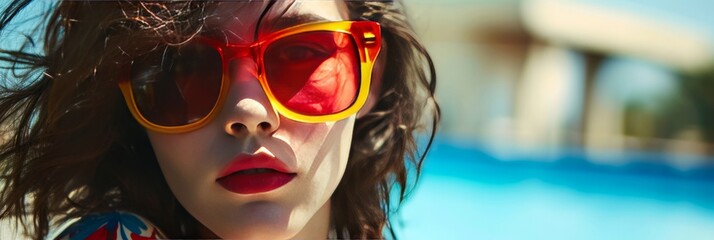 Young woman in stylish red and yellow glasses. Bright and fashionable style