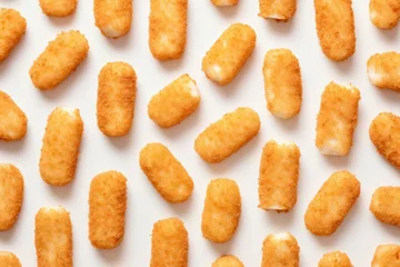 Foto op Canvas Pattern with breaded fried mozzarella cheese sticks on the white background © Darya Lavinskaya