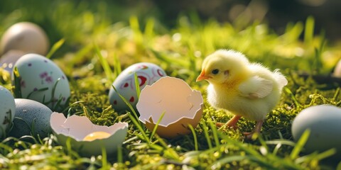 Little chick with egg shell isolated on white background