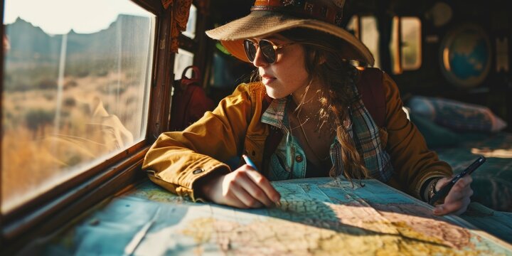 A woman is sitting on a train, studying a map. This image can be used to illustrate travel, transportation, navigation, or planning a trip