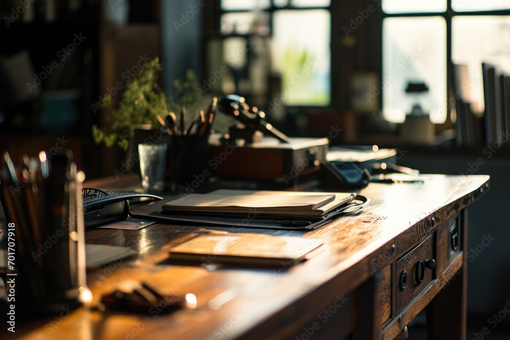 Poster a cluttered wooden desk covered with numerous papers. ideal for illustrating a busy work environment