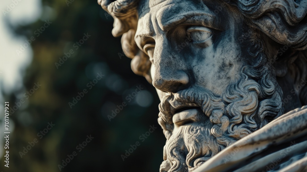 Poster A close-up view of a statue depicting a man with a beard. This image can be used for various purposes