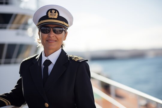 Happy and proud female captain in professional uniform on a cruise liner during the sea trip. Leadership in water